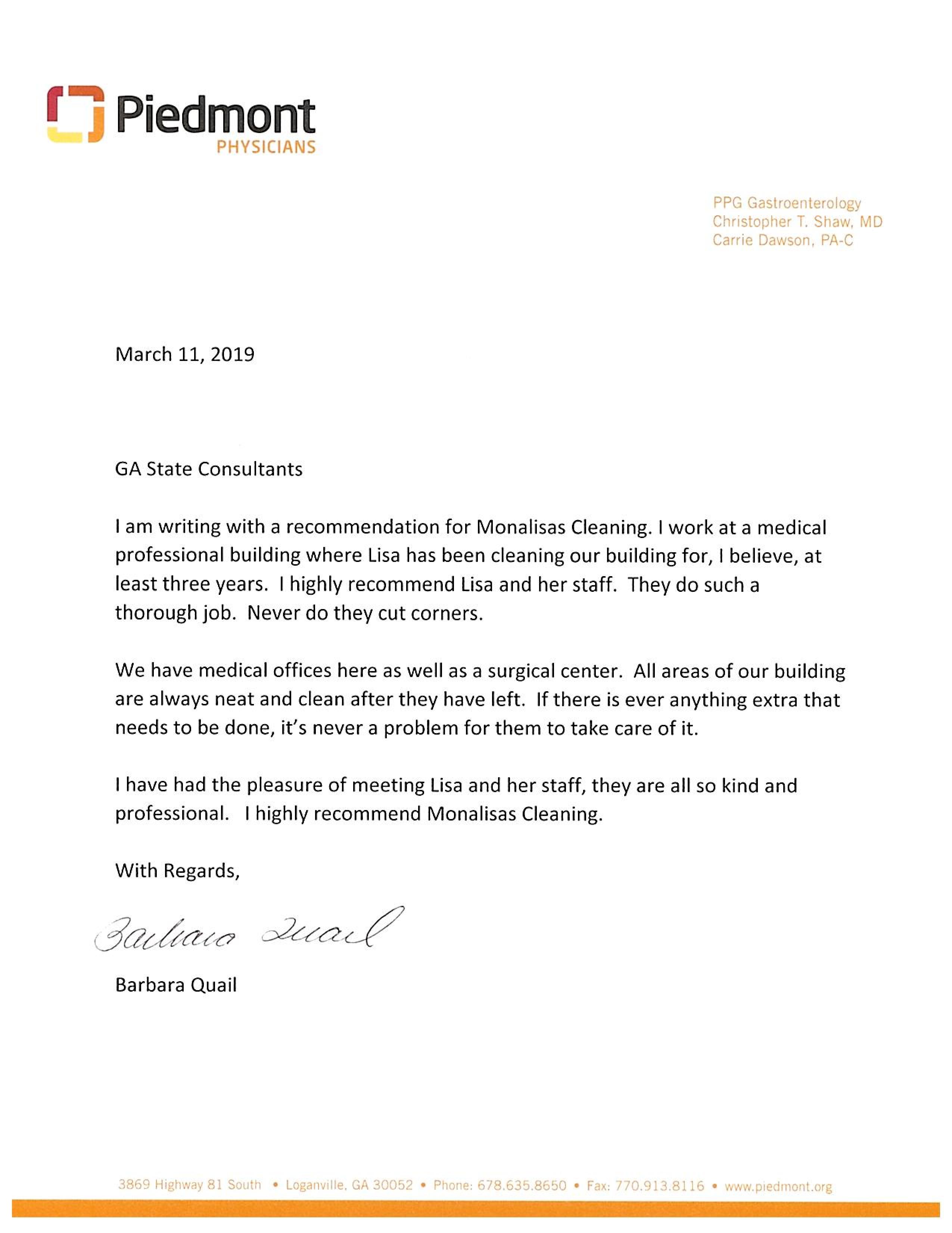 Letter of Recommendation from Piedmont